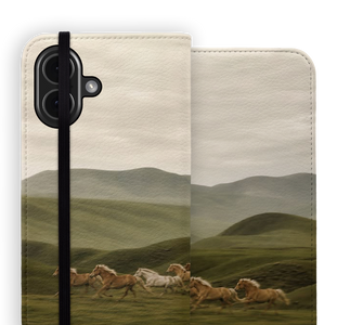 A phone wallet case shown closed from the back, featuring a scenic print of green rolling hills and several running horses under a pale sky. The case has a cream-colored top border, a black vertical camera bar, and a black elastic closure band.