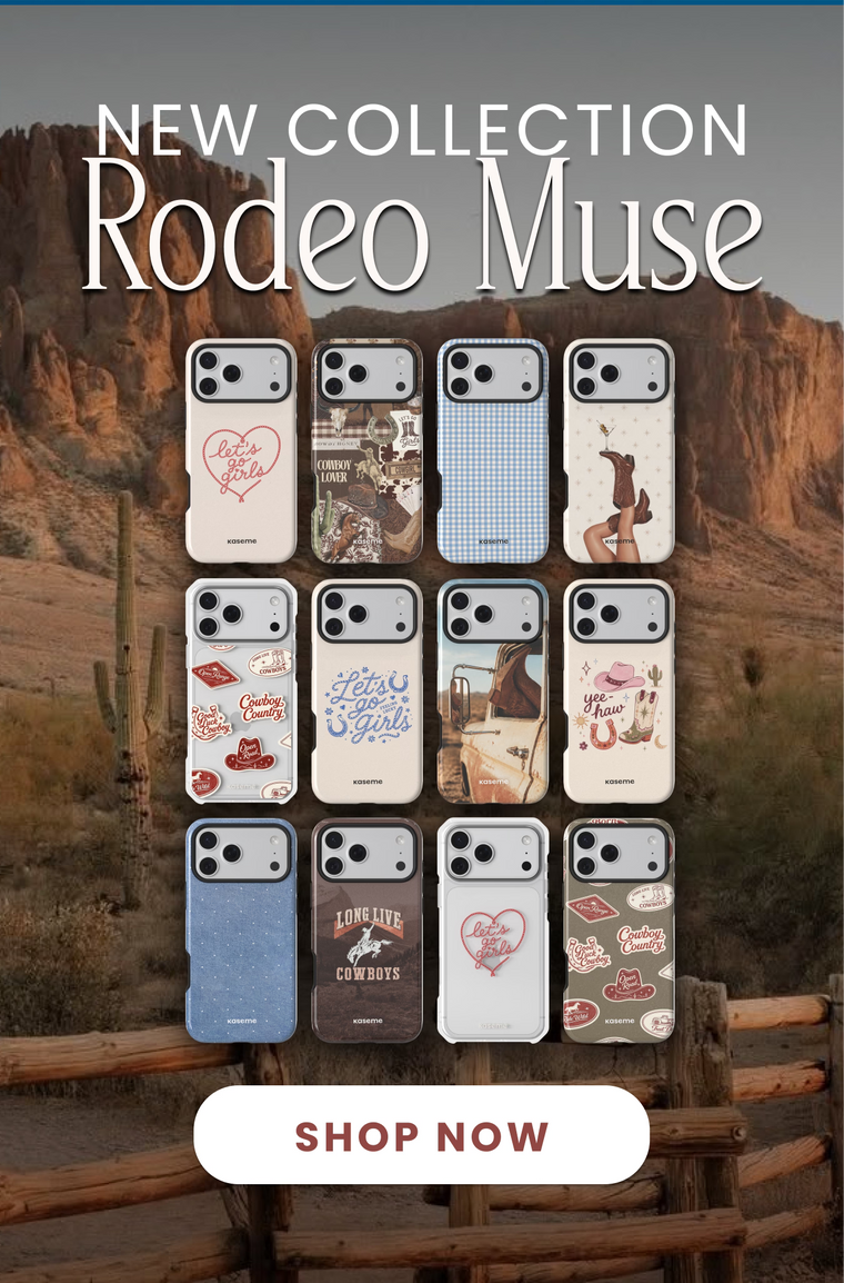 A promotional graphic for the 'New Collection Rodeo Muse' phone cases, showing a 3x4 grid of 12 different phone cases with western-themed designs over a desert canyon landscape background. The cases feature various prints like cowboy boots, horseshoes, and western text.
