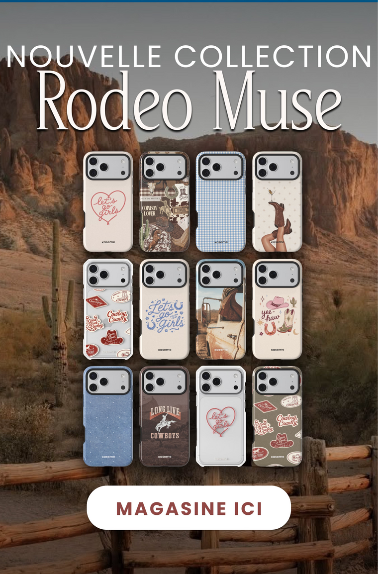 Promotional graphic for a 'Nouvelle Collection Rodeo Muse' phone case collection, showing a 3x4 grid of 12 different phone cases against a desert canyon landscape background. The cases feature various western-themed designs, including cowboy boots, horseshoes, and rustic text.