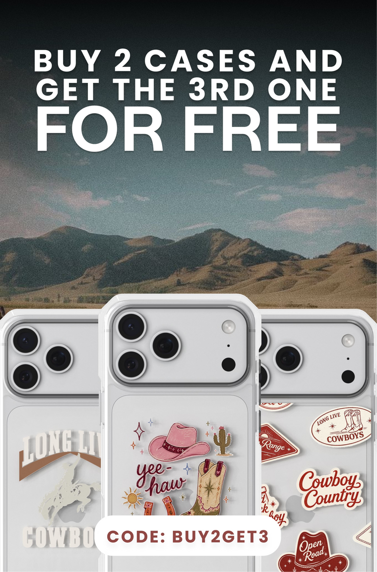 Promotional graphic for phone cases showing three white smartphone cases with western-themed designs against a mountain landscape background. Large text at the top reads 'BUY 2 CASES AND GET THE 3RD ONE FOR FREE' with a code banner at the bottom.