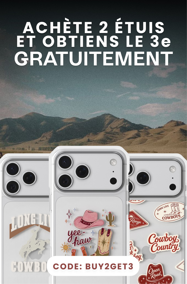 Promotional graphic for a phone case offer showing three white phone cases with cowboy-themed designs against a mountain landscape background. Large French text at the top reads 'ACHÈTE 2 ÉTUIS ET OBTIENS LE 3e GRATUITEMENT' with a code banner at the bottom.