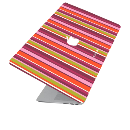 A silver laptop with a colorful striped protective skin on the lid, shown at an angle on a plain white background. The skin features diagonal stripes in pink, orange, red, purple, and green, with a white Apple logo visible in the center.