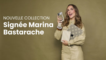 A woman stands against a solid olive-green background holding a smartphone and a striped E-Reader, with a patterned Macbook Skin tucked under her arm. Large white text on the left reads 'NEW COLLECTION By Marina Bastarache'.