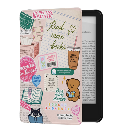 E-reader cover with book-themed design featuring text and illustrations on a white background